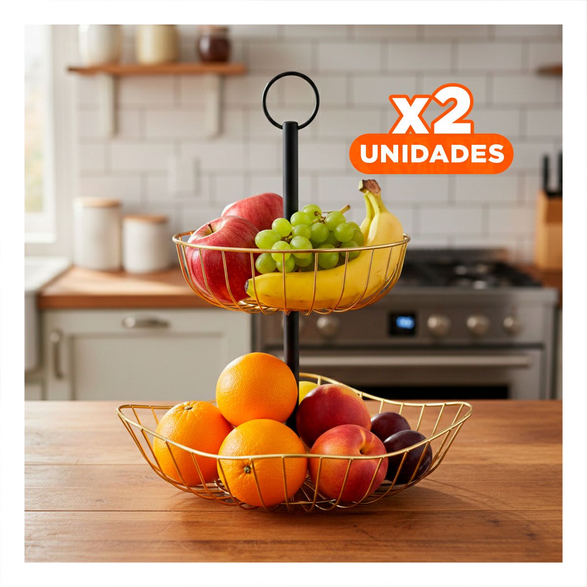 PACK2 ORGANIZADOR ELEGANTE PARA EXHIBIR FRUTAS EN SALA Y COCINA DORADO Y+PAPEL REGALO - 1