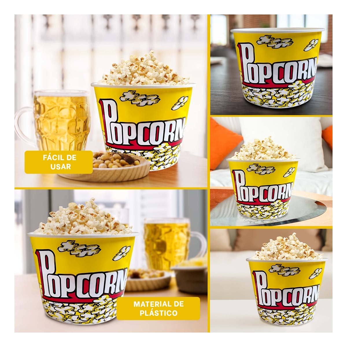 PACK12 BALDE POPCORN 16X11,6X12CM AMARILLO PARA SNACKS Y REUNIONES - 2