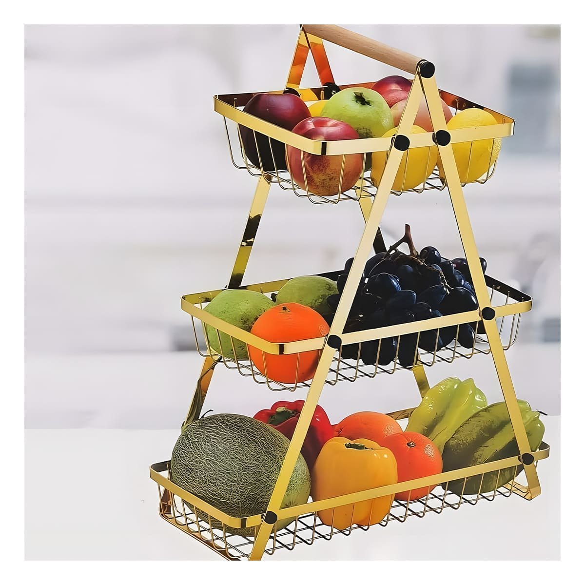 FRUTERO TRIANGULAR 3 NIVELES PARA VERDURAS Y FRUTAS DORADO - 5