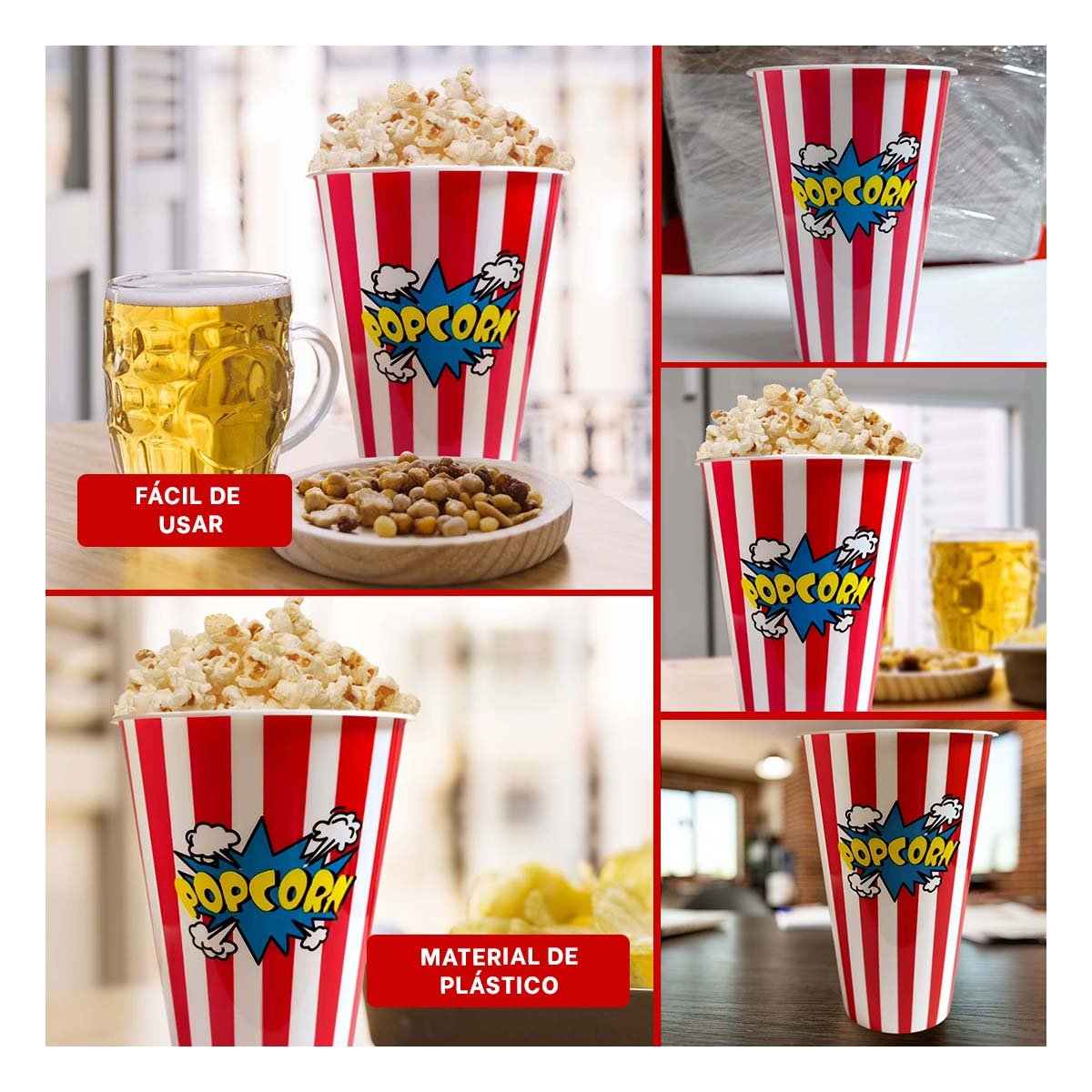 PACK6 BALDE POPCORN 11,3X17X6,9CM ROJO CON DISENO PRACTICO Y FUNCIONAL YPAPEL REGALO - 3