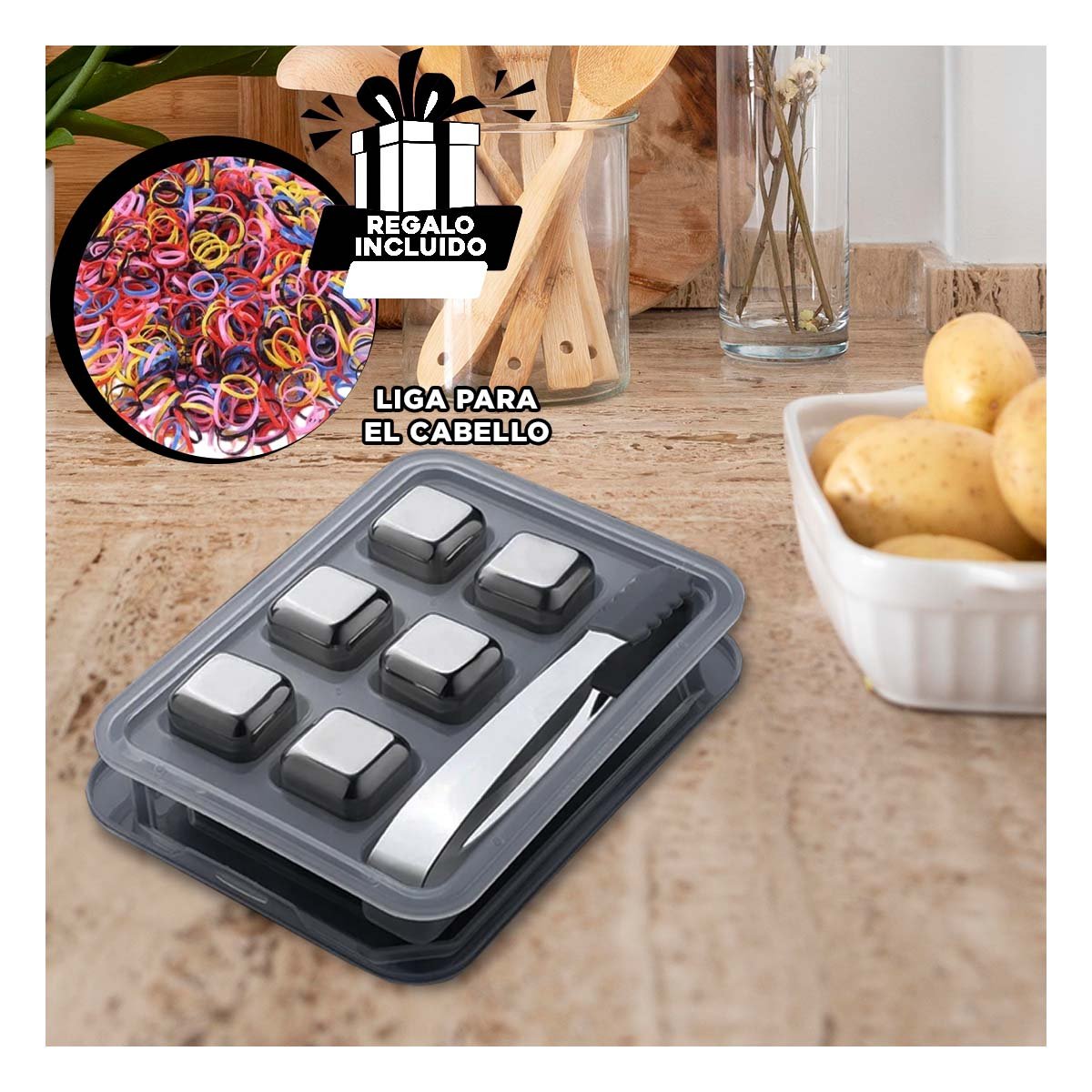 SET DE 6 CUBOS DE HIELO DE ACERO CON PINZA Y DISENO MODERNO PLATEADO YLIGAS REGALO - 2