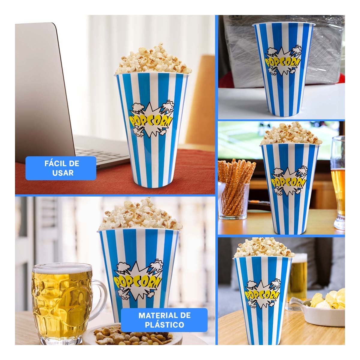CUBETA VASO POPCORN 11,3X17X6,9CM AZUL PARA REUNIONES Y CELEBRACIONES YLIGAS REGALO - 1