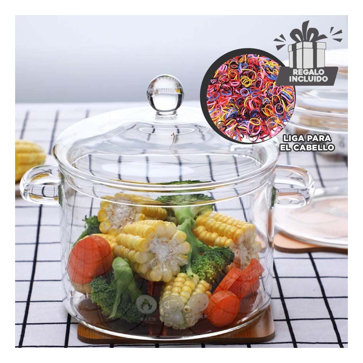 OLLA PARA ARROZ Y VERDURAS AL VAPOR TRANSPARENTE 1500 ML Y+LIGAS REGALO - 2