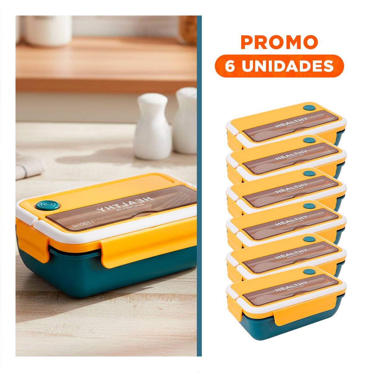 PACK6 RECIPIENTE CON CUBIERTOS PARA GUARDAR COMIDA 1100ML AMARILLO Y AZUL Y+REGALO STICKER - 1