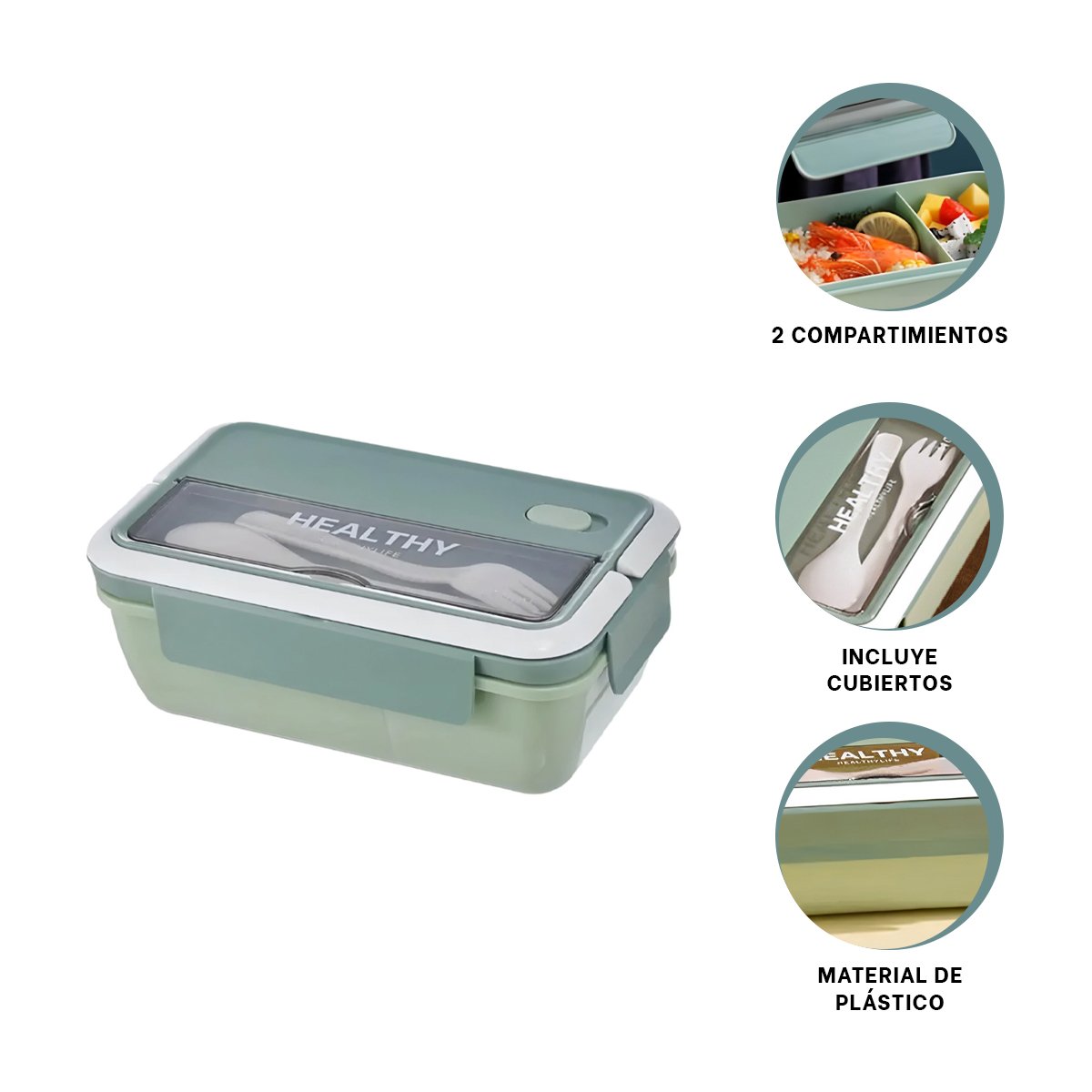 TAPER RECTANGULAR CON CUBIERTOS PARA ALMUERZOS 1100ML VERDE Y+POST IT - 5
