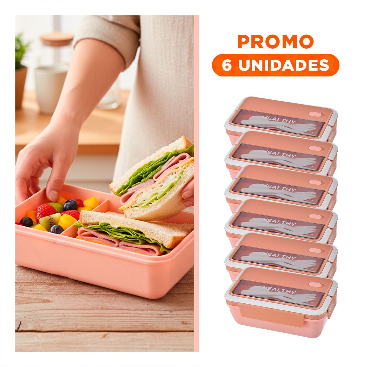 PACK6 RECIPIENTE VERSATIL PARA GUARDAR COMIDA 1100ML Y CUBIERTOS MELON Y+REGALO STICKER - 1