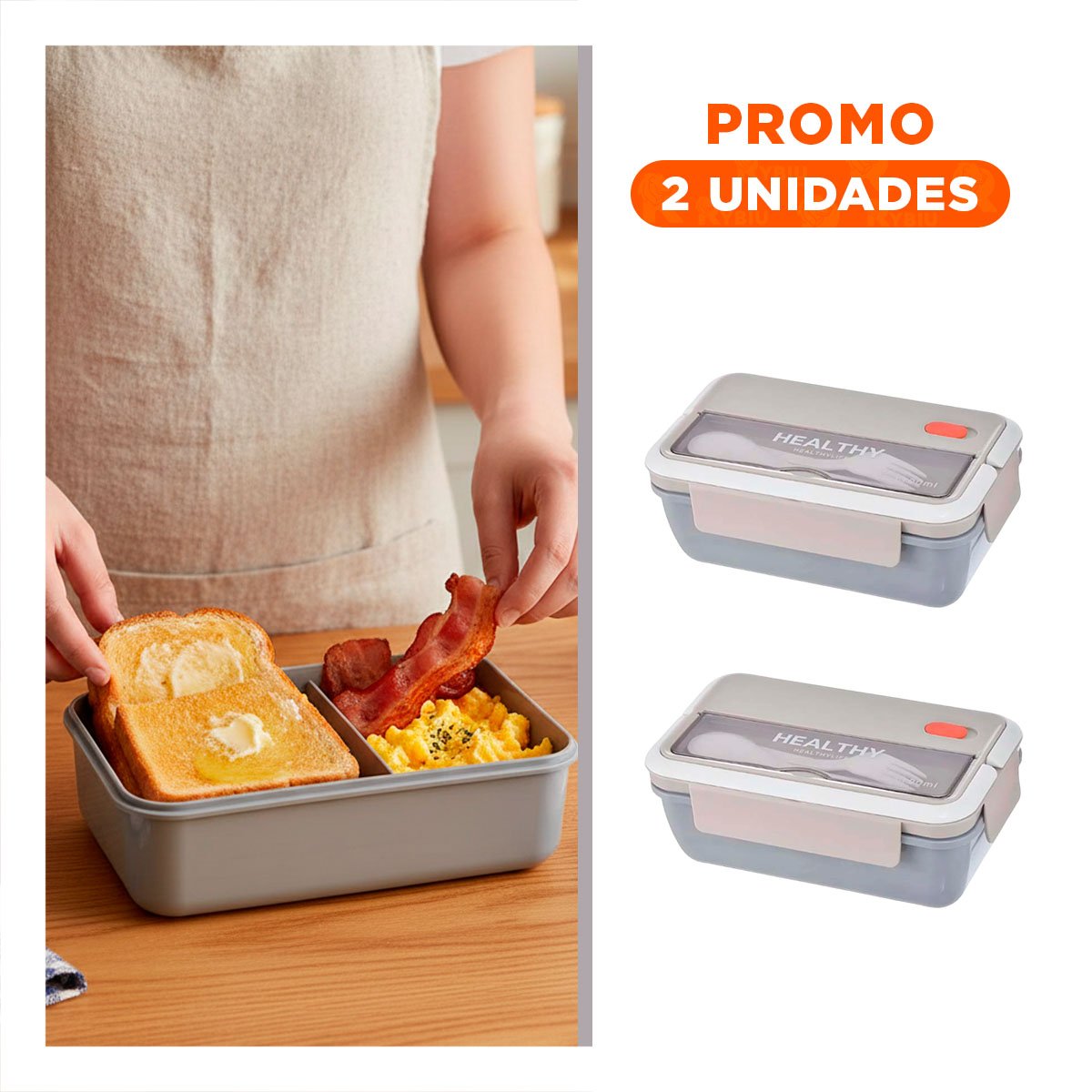 PACK2 CONTENEDOR FACIL DE ABRIR Y CERRAR 1100ML Y CUBIERTOS PLOMO Y+REGALO STICKER - 1