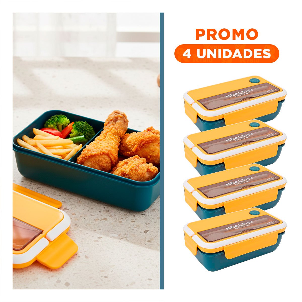 PACK4 CONTENEDOR RECTANGULAR CON CUBIERTOS PARA SNACKS 1100ML AMARILLO Y AZUL - 1