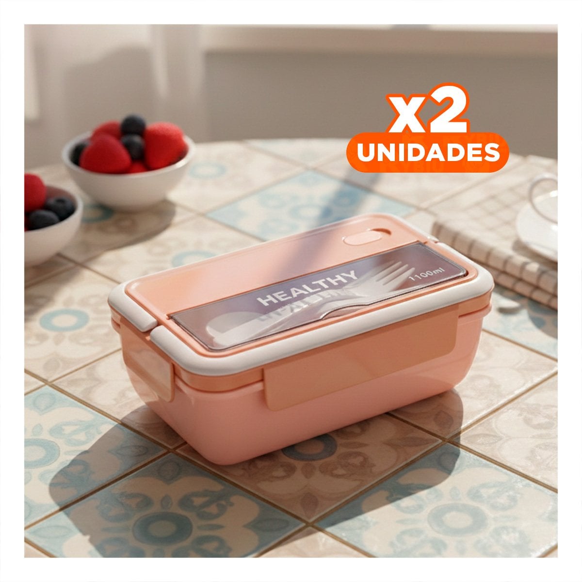 PACK2 CONTENEDOR PRACTICO PARA COMIDA FRESCA 1100ML Y CUBIERTOS MELON Y+PAPEL REGALO - 1