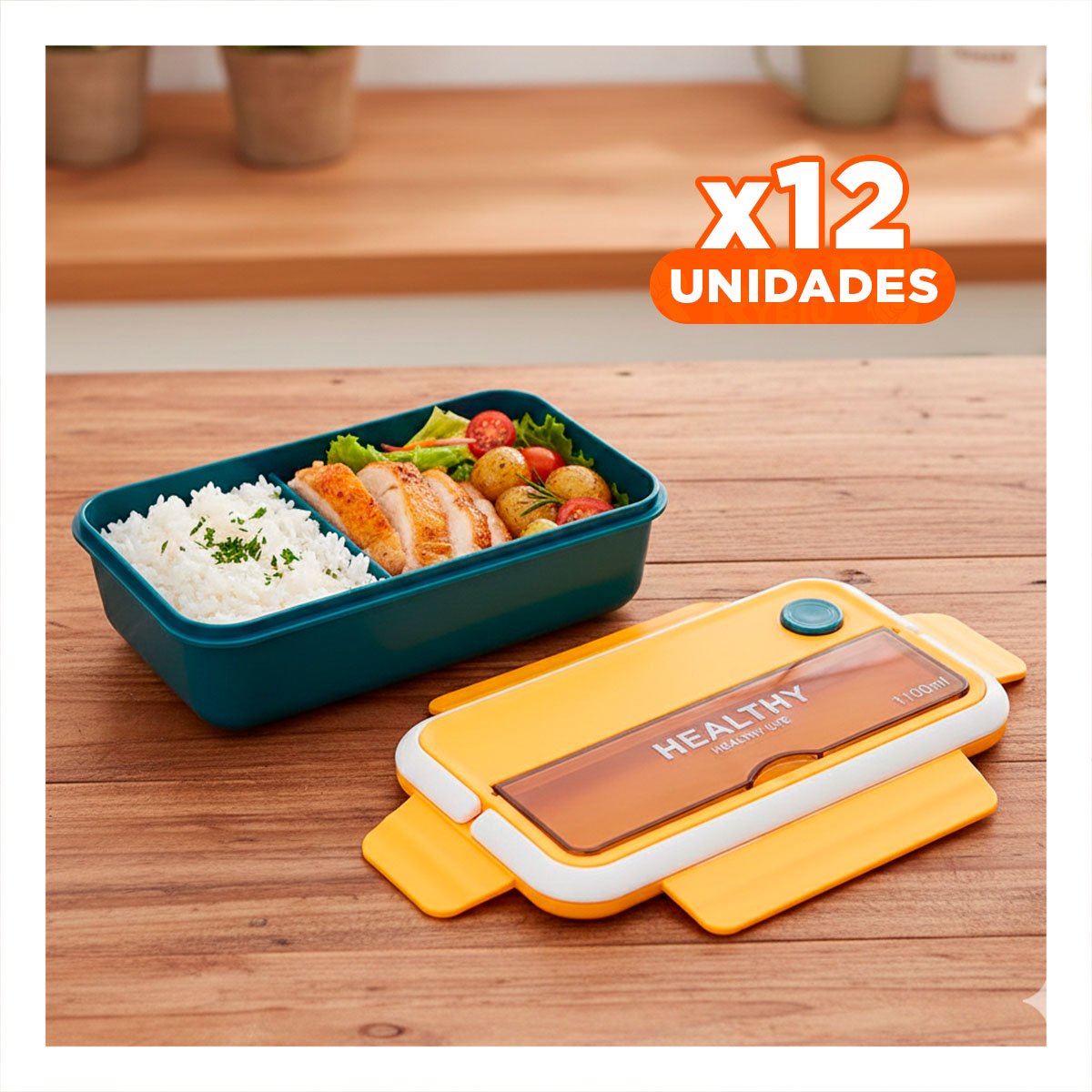 PACK12 MODULAR CON CUBIERTOS PARA PICNIC Y COMIDA 1100ML AMARILLO Y AZUL Y+PAPEL REGALO - 1