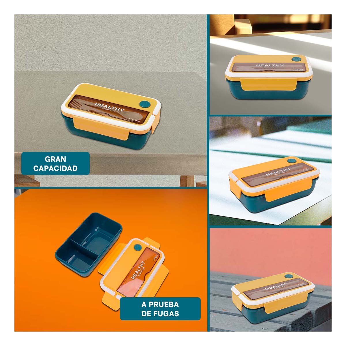 TAPER RECTANGULAR CON CUBIERTOS PARA GUARDAR COMIDA 1100ML AMARILLO Y AZUL Y+POST IT - 2