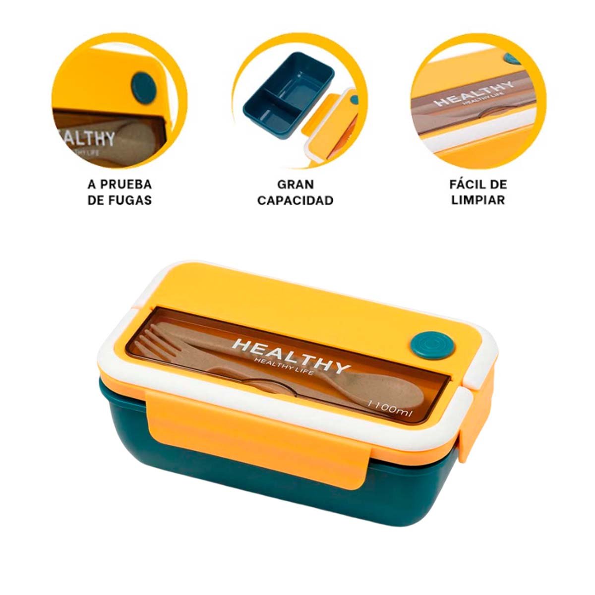 TAPER RECTANGULAR CON CUBIERTOS PARA GUARDAR COMIDA 1100ML AMARILLO Y AZUL Y+POST IT - 5