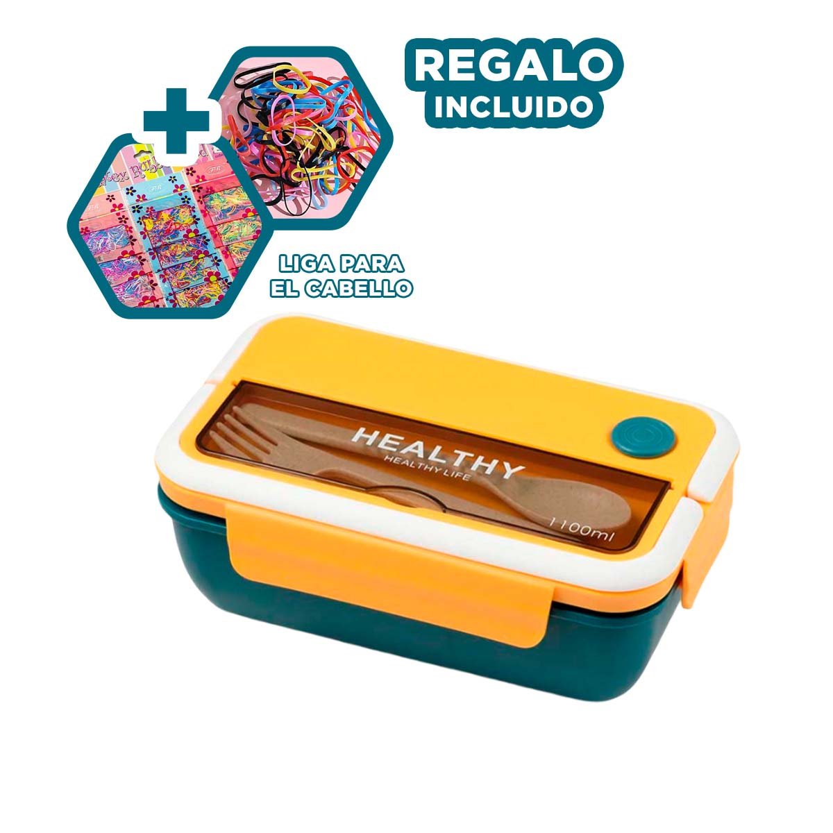 TAPER RECTANGULAR CON CUBIERTOS PARA SNACKS SALUDABLES 1100ML AMARILLO Y AZUL Y+LIGAS REGALO - 2