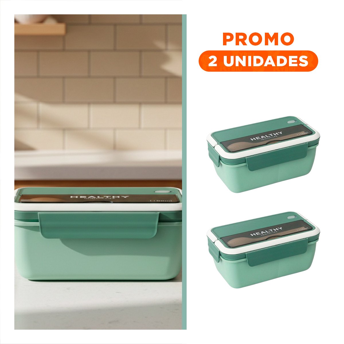PACK2 CONTENEDOR RECTANGULAR CON CUBIERTOS PARA GUARDAR SNACKS 1100ML VERDE Y+REGALO STICKER - 1