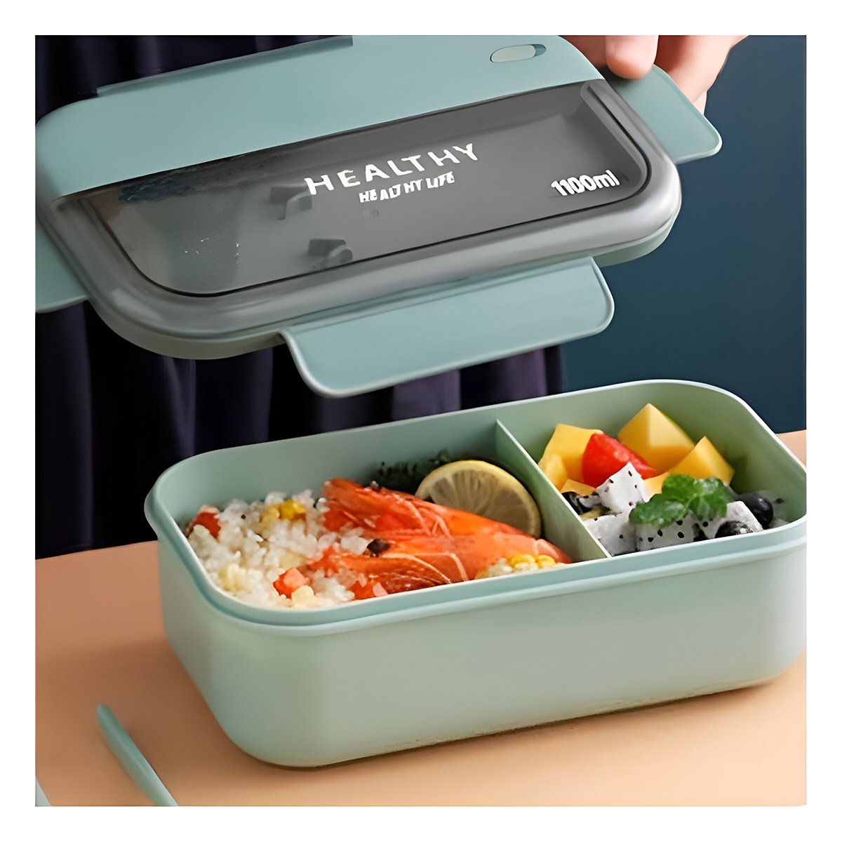 PACK2 CONTENEDOR RECTANGULAR CON CUBIERTOS PARA GUARDAR SNACKS 1100ML VERDE Y+REGALO STICKER - 3