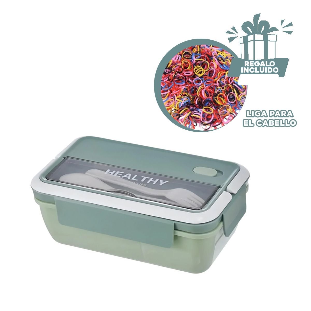 TAPER RECTANGULAR CON CUBIERTOS PARA MERIENDAS SALUDABLES 1100ML VERDE Y+LIGAS REGALO - 2