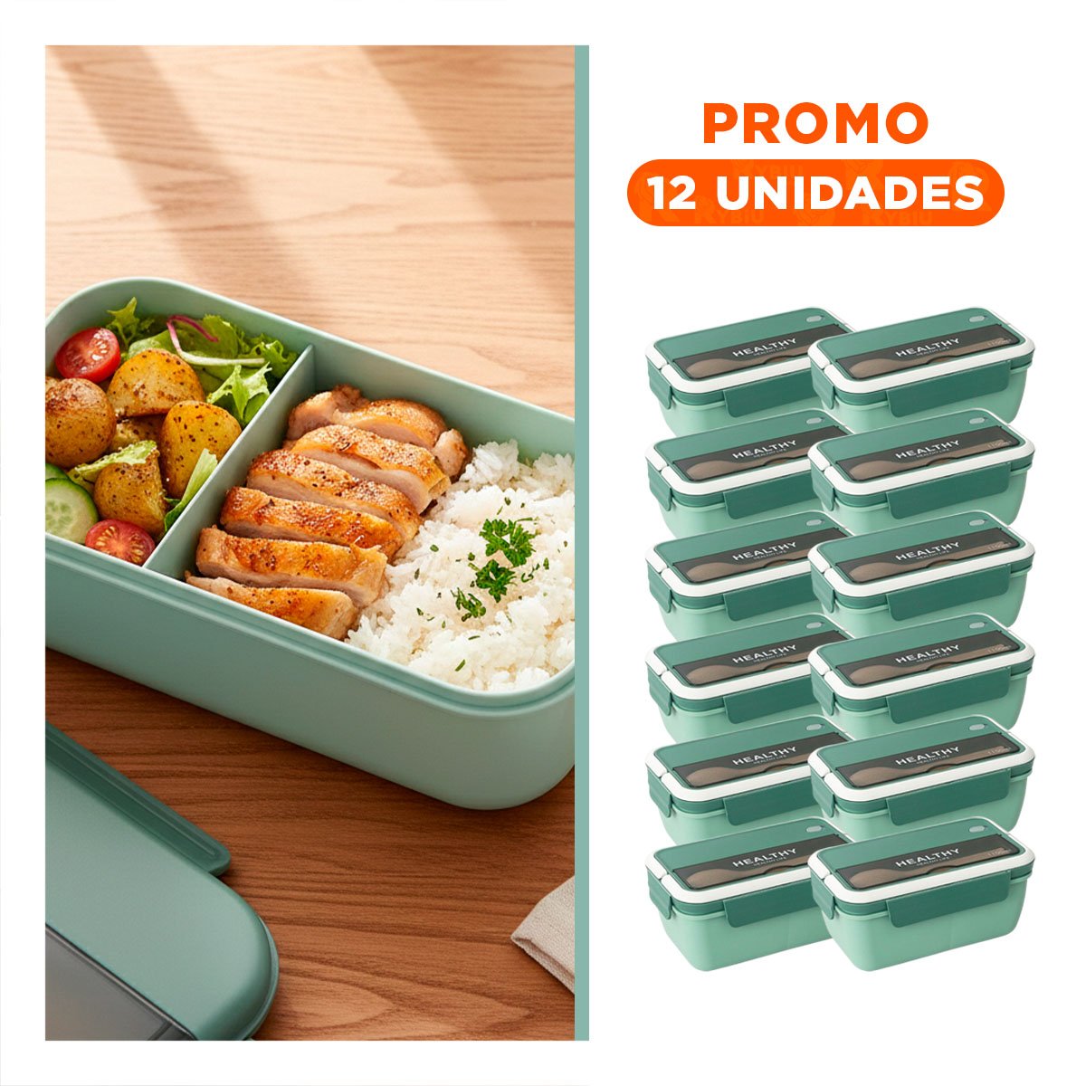 PACK12 RECIPIENTE RECTANGULAR CON CUBIERTOS PARA MERIENDAS ALEGRES 1100ML VERDE - 1
