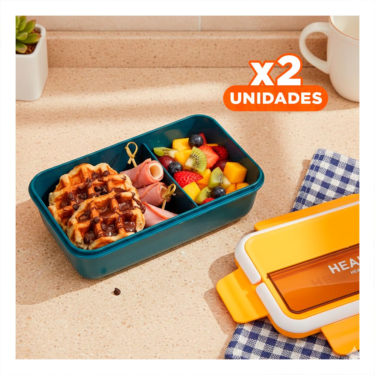 PACK2 CONTENEDOR RECTANGULAR CON CUBIERTOS PARA COMIDA 1100ML AMARILLO Y AZUL Y+PAPEL REGALO - 1