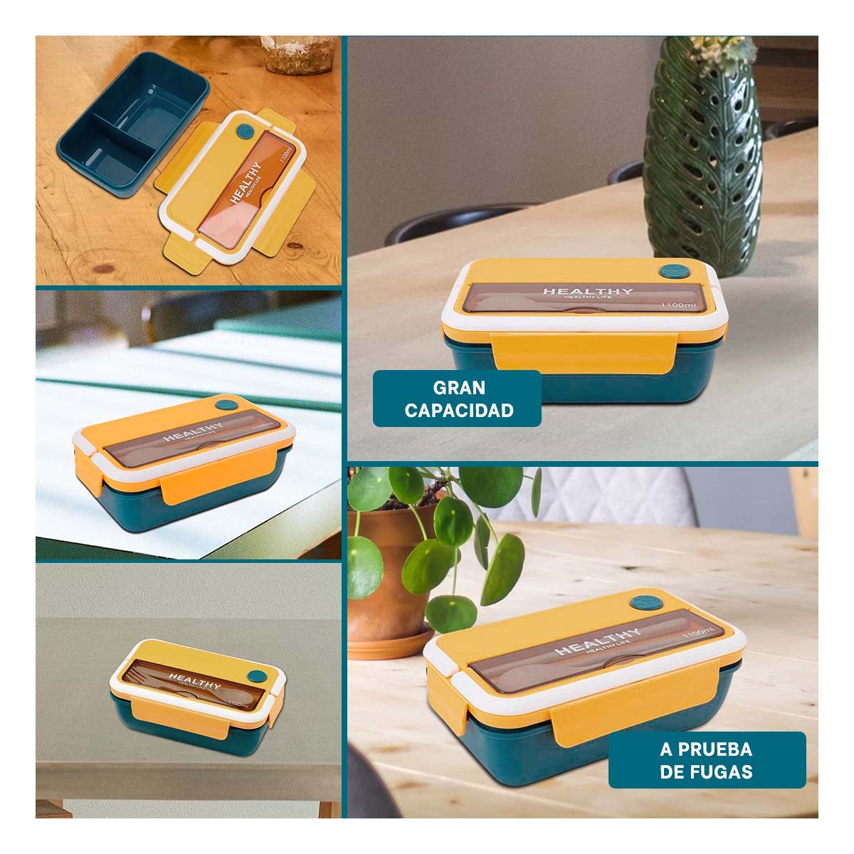 PACK2 CONTENEDOR RECTANGULAR CON CUBIERTOS PARA COMIDA 1100ML AMARILLO Y AZUL Y+PAPEL REGALO - 3