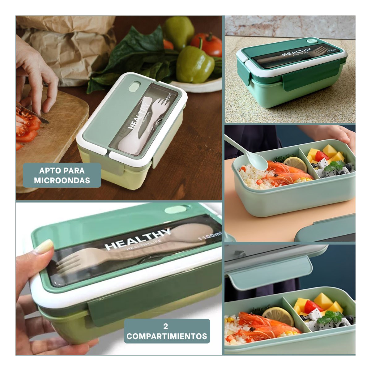 TAPER RECTANGULAR CON CUBIERTOS PARA LONCHERA 1100ML VERDE - 2