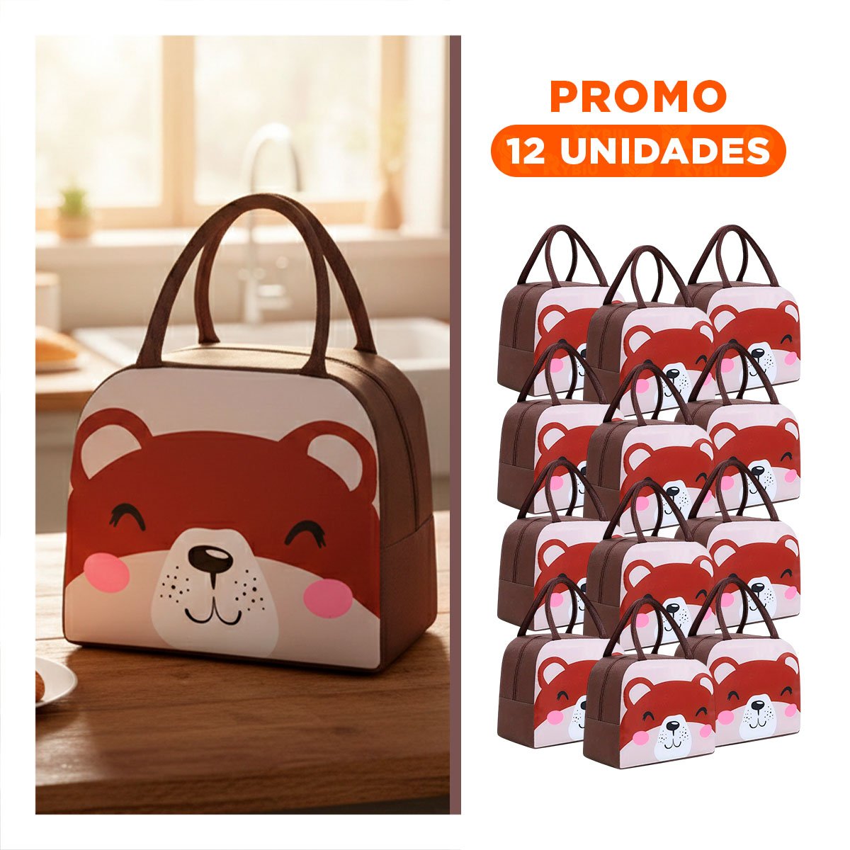 PACK12 LUNCH BOX TERMICA CON COMPARTIMENTOS INTERNOS Y ASA OSO MARRON - 1