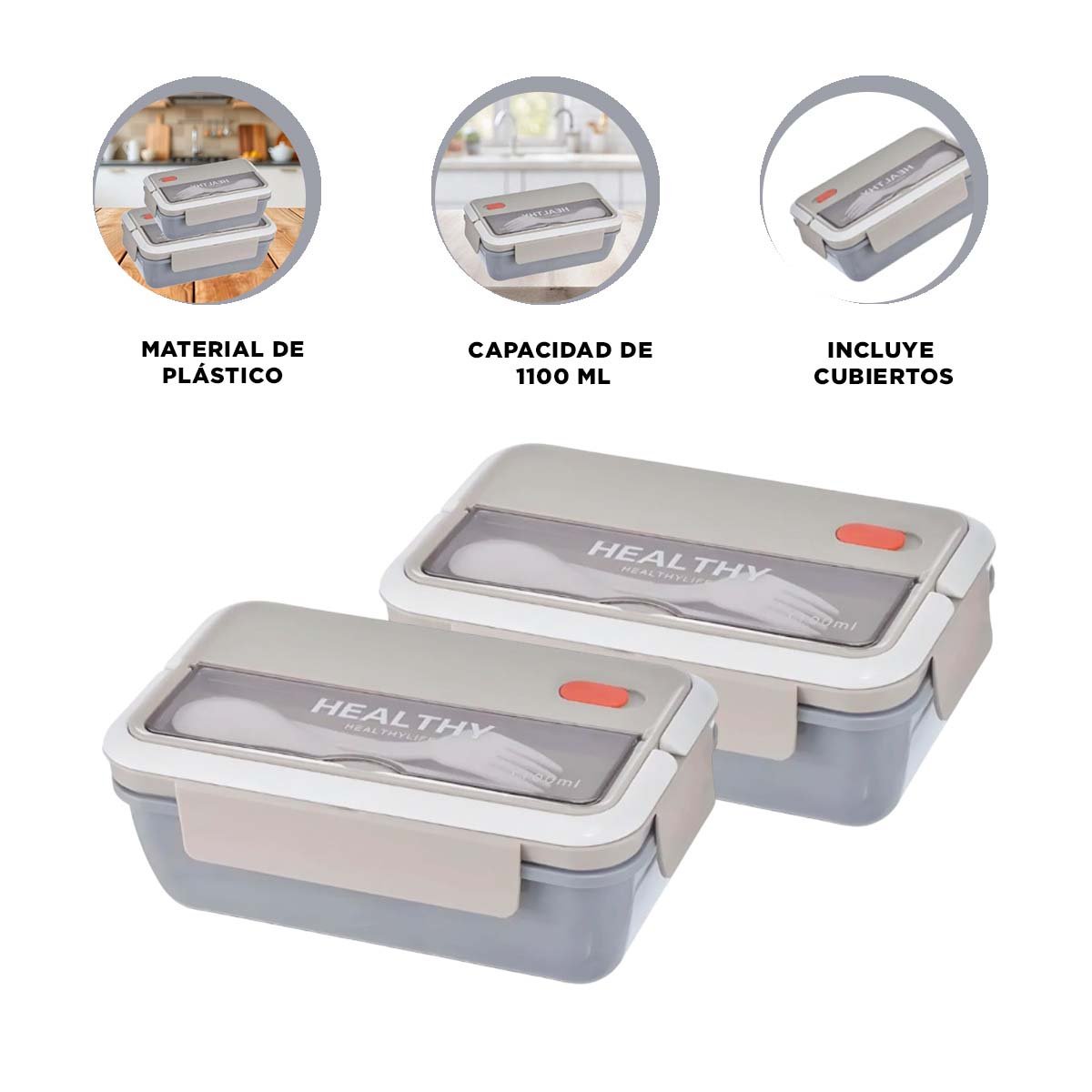 TAPER CON DISENO FUNCIONAL PARA USO DIARIO 1100ML Y CUBIERTOS PLOMO Y+POST IT - 5