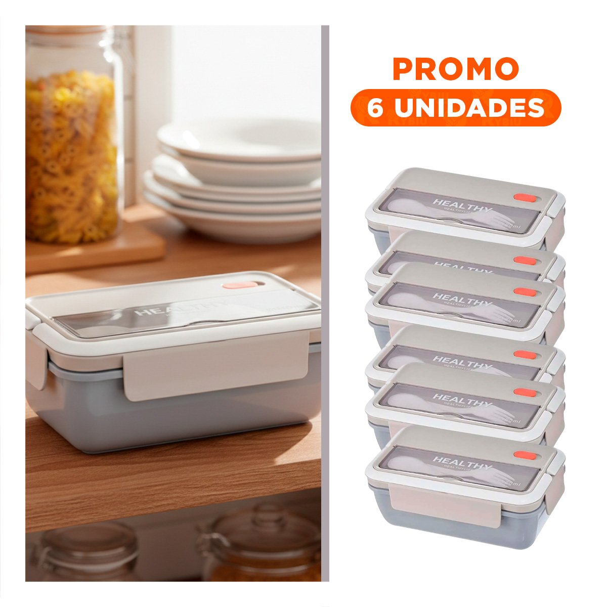 PACK6 RECIPIENTE VERSATIL PARA GUARDAR COMIDA 1100ML Y CUBIERTOS PLOMO Y+REGALO STICKER - 1