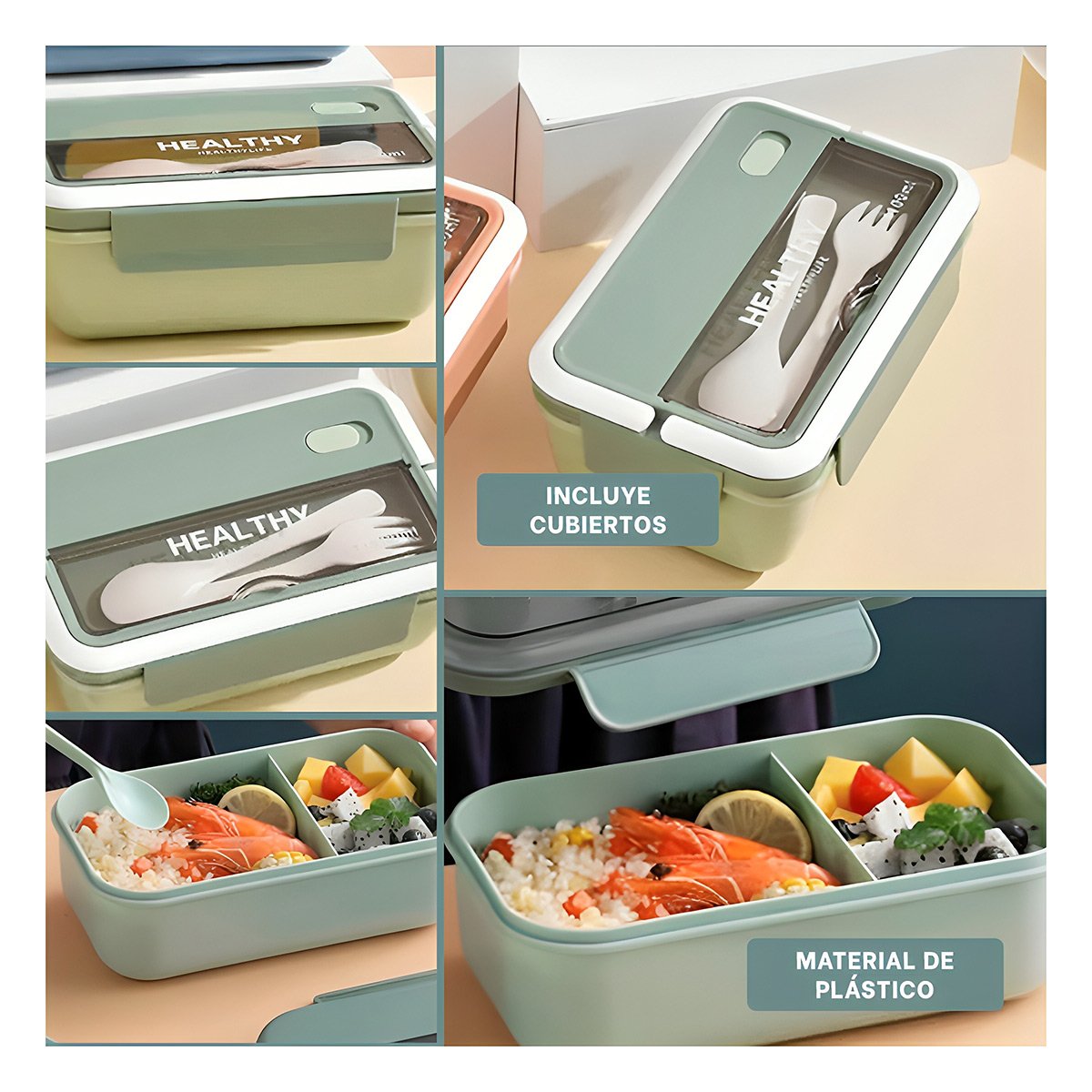PACK4 RECIPIENTE RECTANGULAR CON CUBIERTOS PARA COMIDAS 1100ML VERDE Y+REGALO STICKER - 2