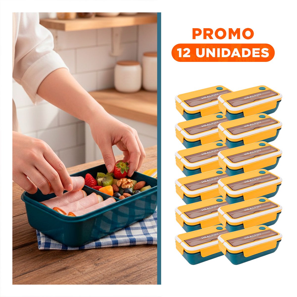 PACK12 RECIPIENTE CON CUBIERTOS PARA BOCADILLOS Y COMIDA DE OFICINA 1100ML AMARILLO Y AZUL - 1