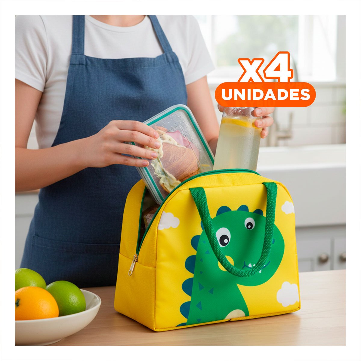 PACK4 FIAMBRERA TERMICA MANTIENE COMIDAS ORGANIZADAS DINOSAURIO AMARILLO Y+PAPEL REGALO - 1