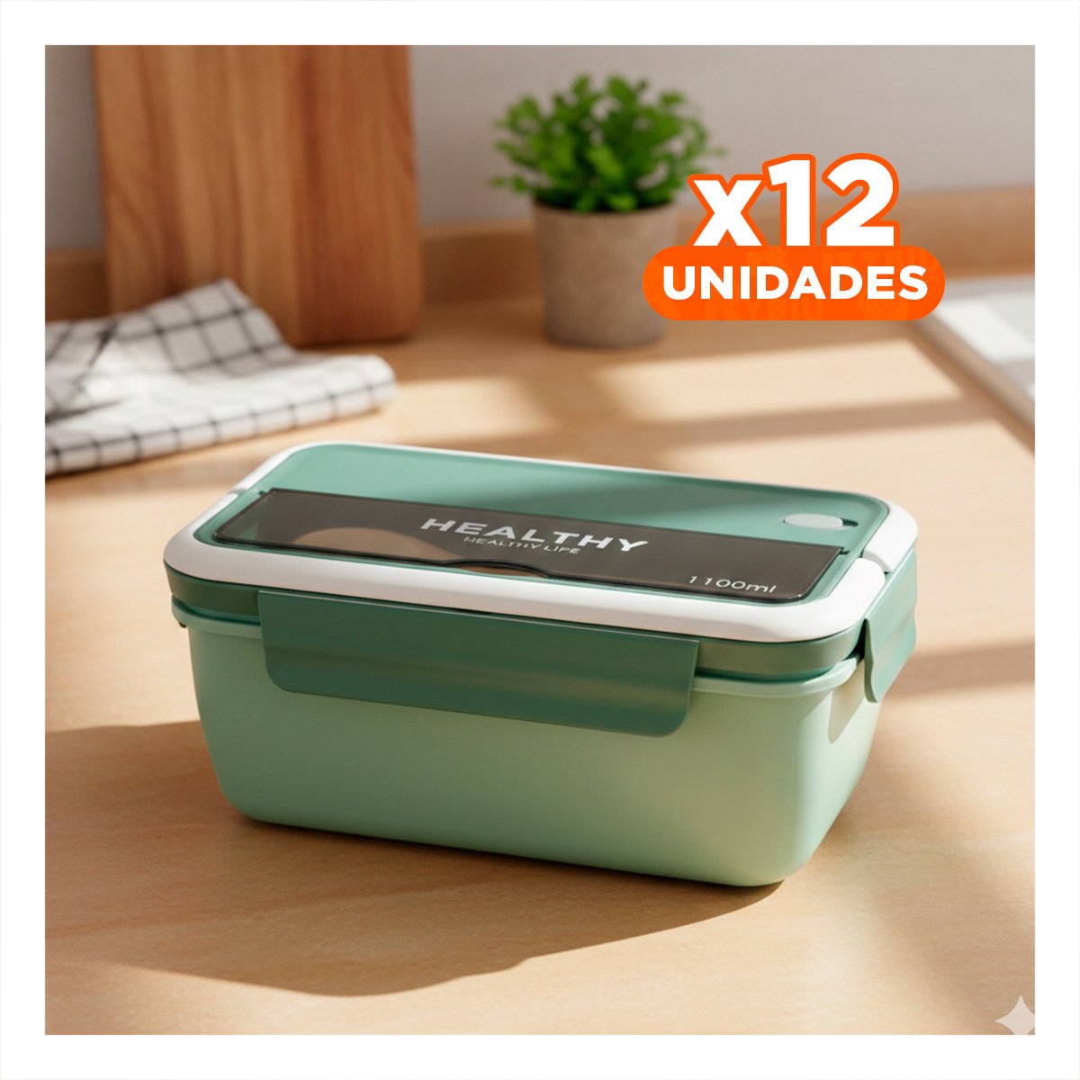 PACK12 POTE RECTANGULAR CON CUBIERTOS PARA MERIENDAS SALUDABLES 1100ML VERDE Y+REGALO STICKER - 1