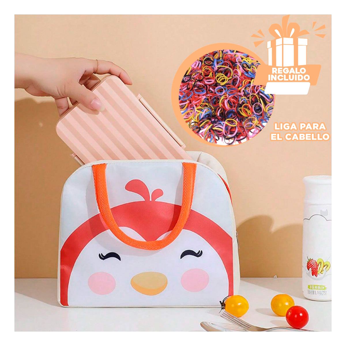 CAJA DE ALMUERZO TERMICA PERFECTA PARA VIAJES Y ESCUELA PINGUINO BEIGE Y+LIGAS REGALO - 2