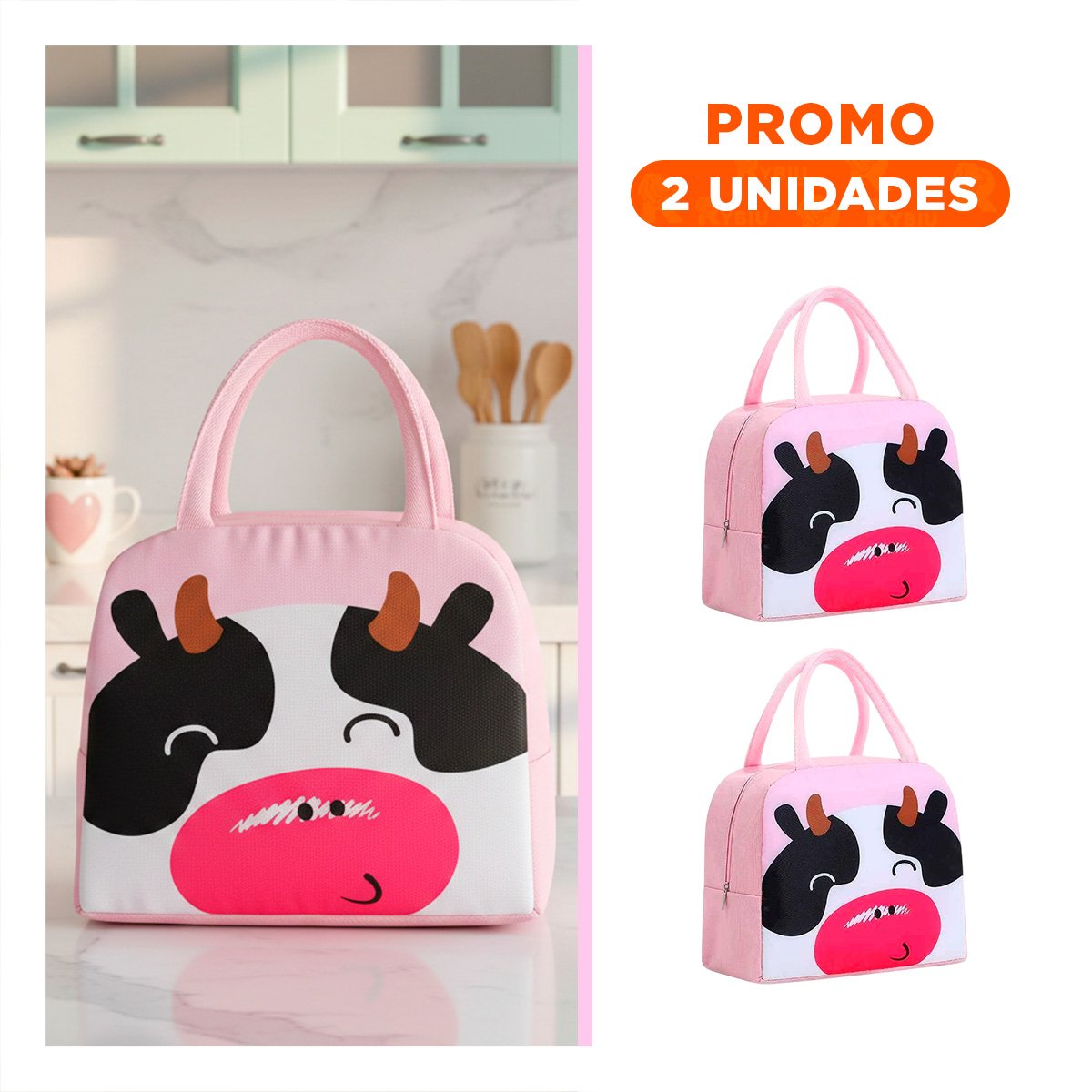PACK2 FIAMBRERA TERMICA PRÁCTICA ESTAMPADO DE VACA PARA COMIDAS ROSADO Y+REGALO STICKER - 1