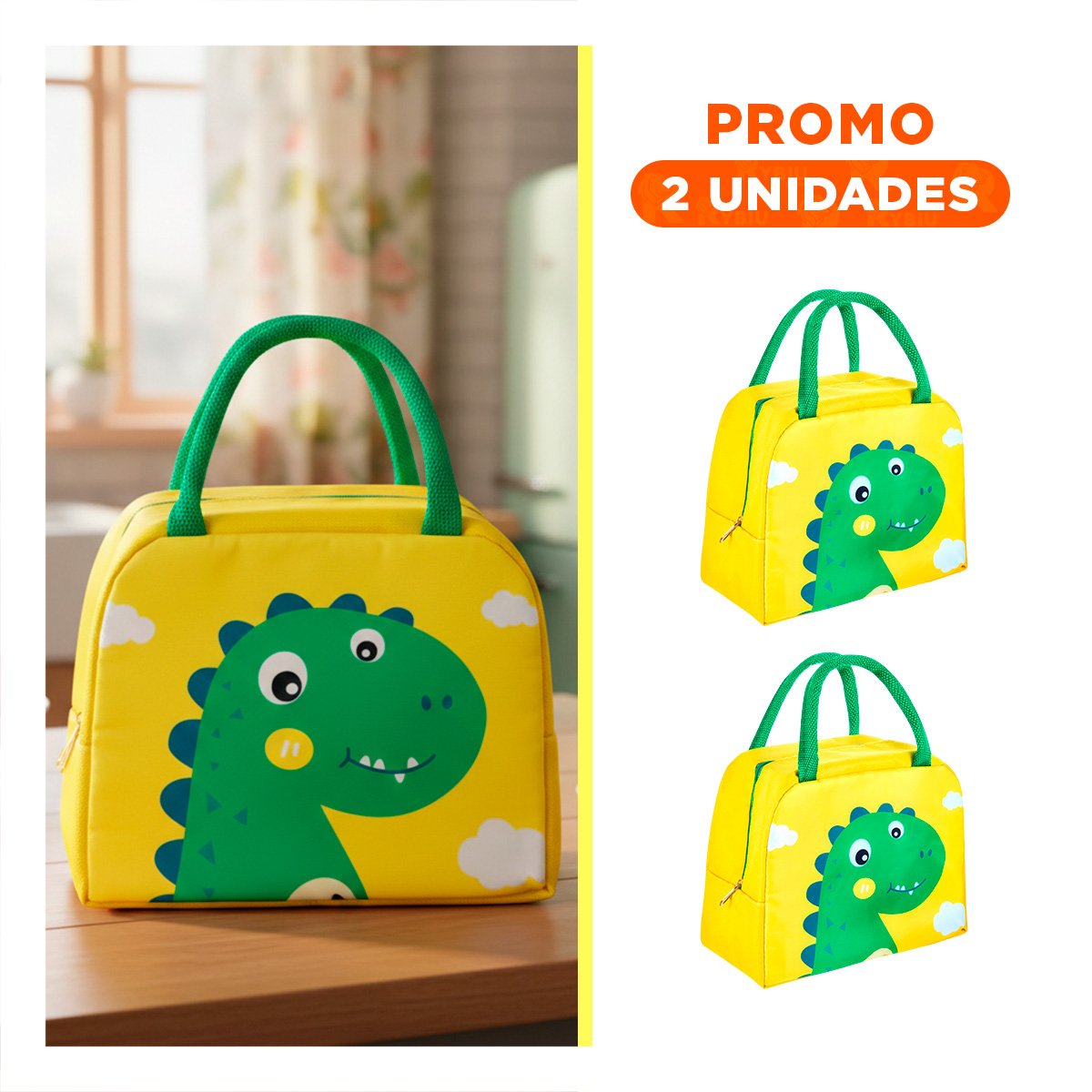 PACK2 FIAMBRERA TERMICA COMPACTA Y PORTATIL DINOSAURIO AMARILLO Y+REGALO STICKER - 1