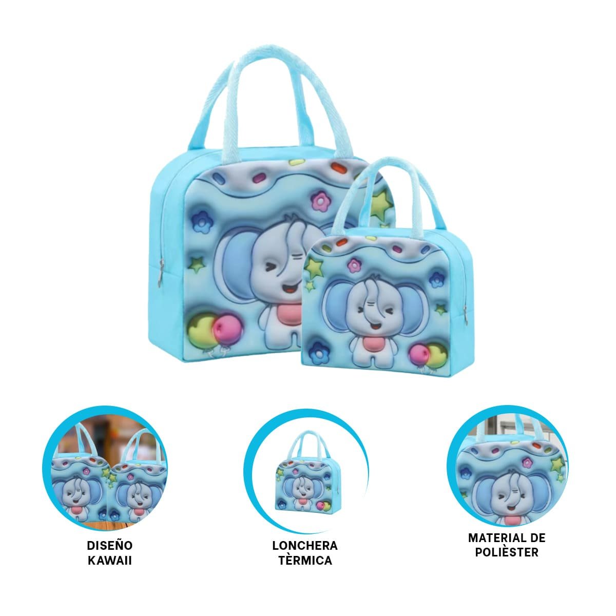 BOLSA TERMICA DE MANO CON FIGURA ELEFANTE DULCE CELESTE Y+POST IT - 5