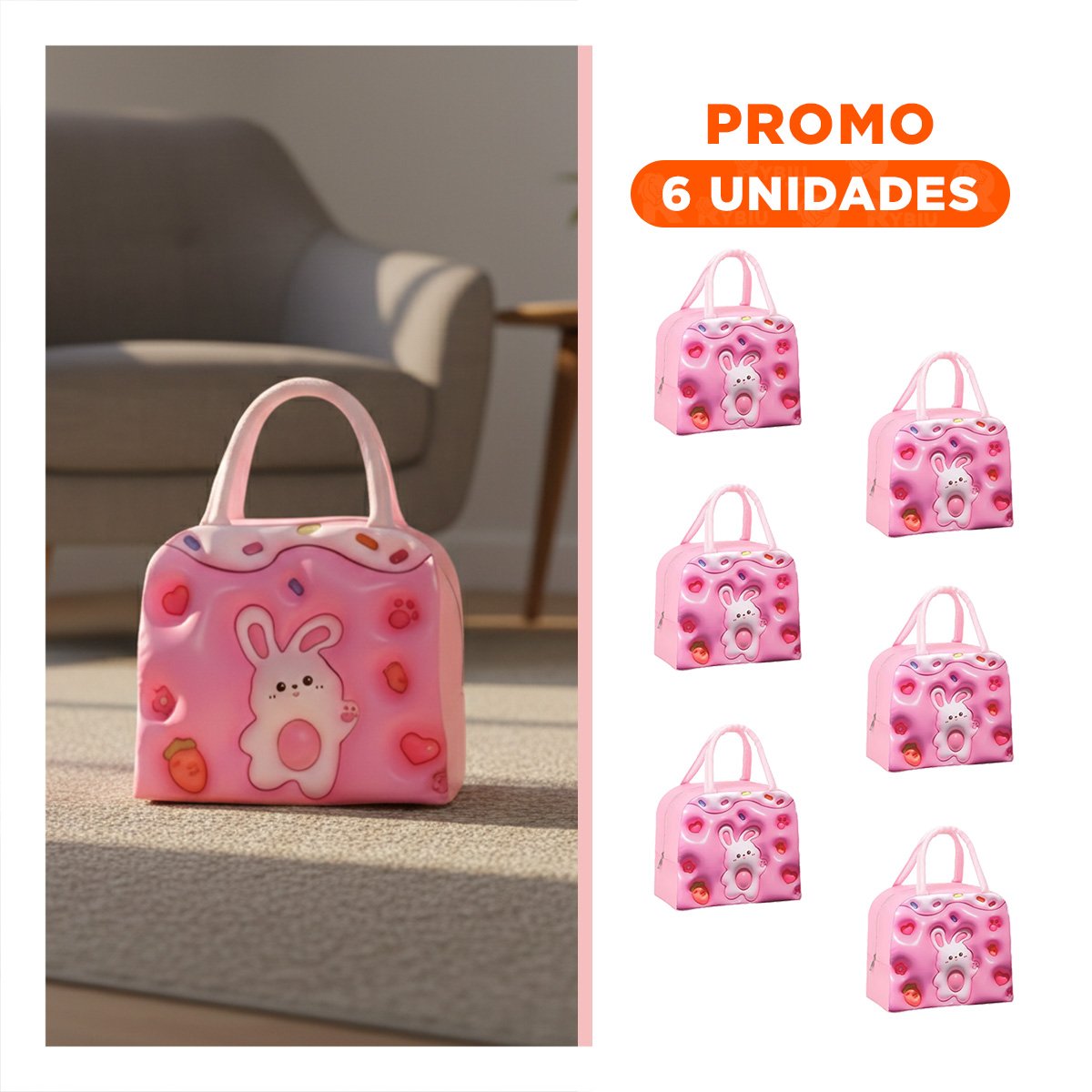 PACK6 CONTENEDOR TERMICO CON ARTE KAWAII INFANTIL ROSADO Y+REGALO STICKER - 1