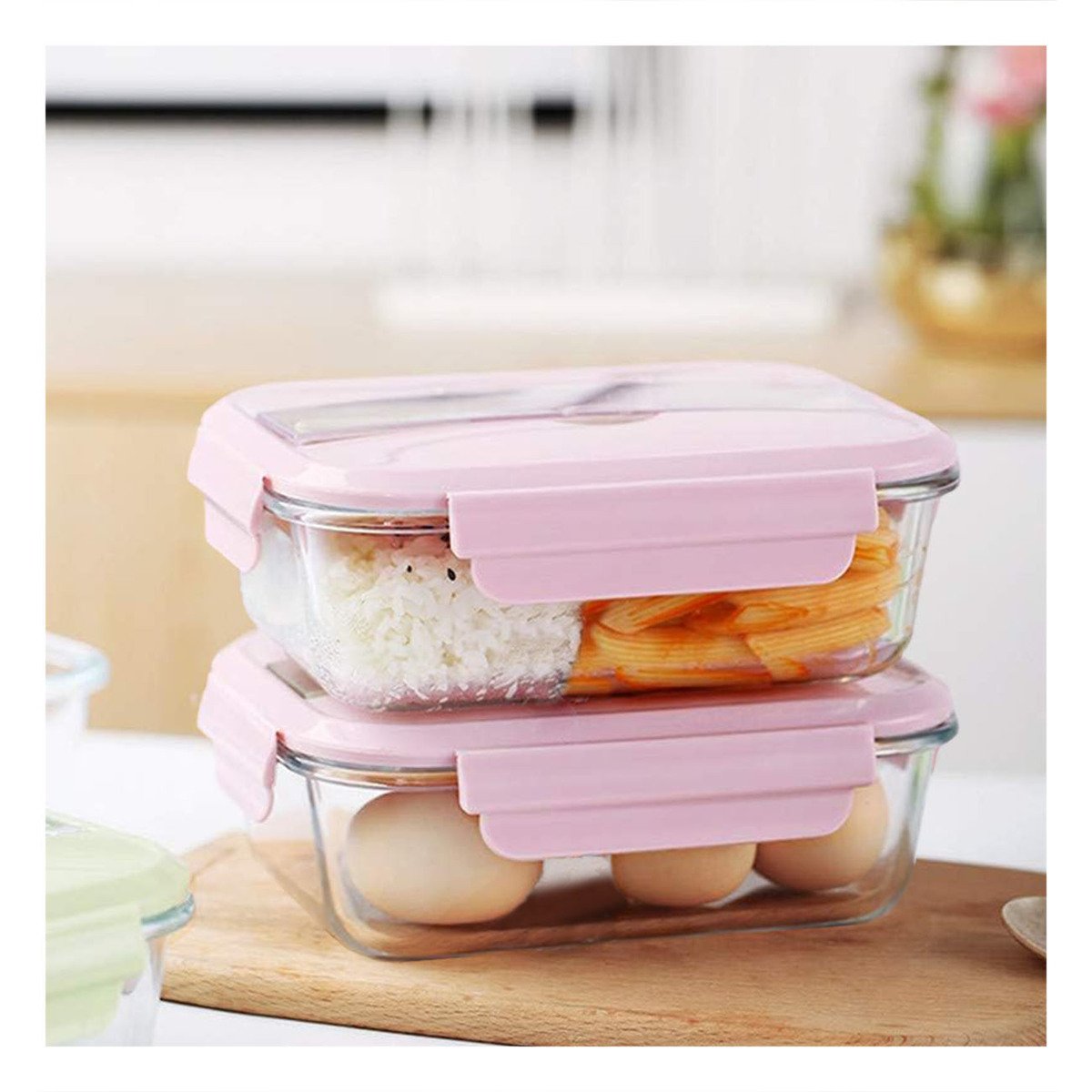 PACK2 CONTENEDOR DE VIDRIO CON CUBIERTOS PARA TRASLADAR ALIMENTOS ROSADO - 2