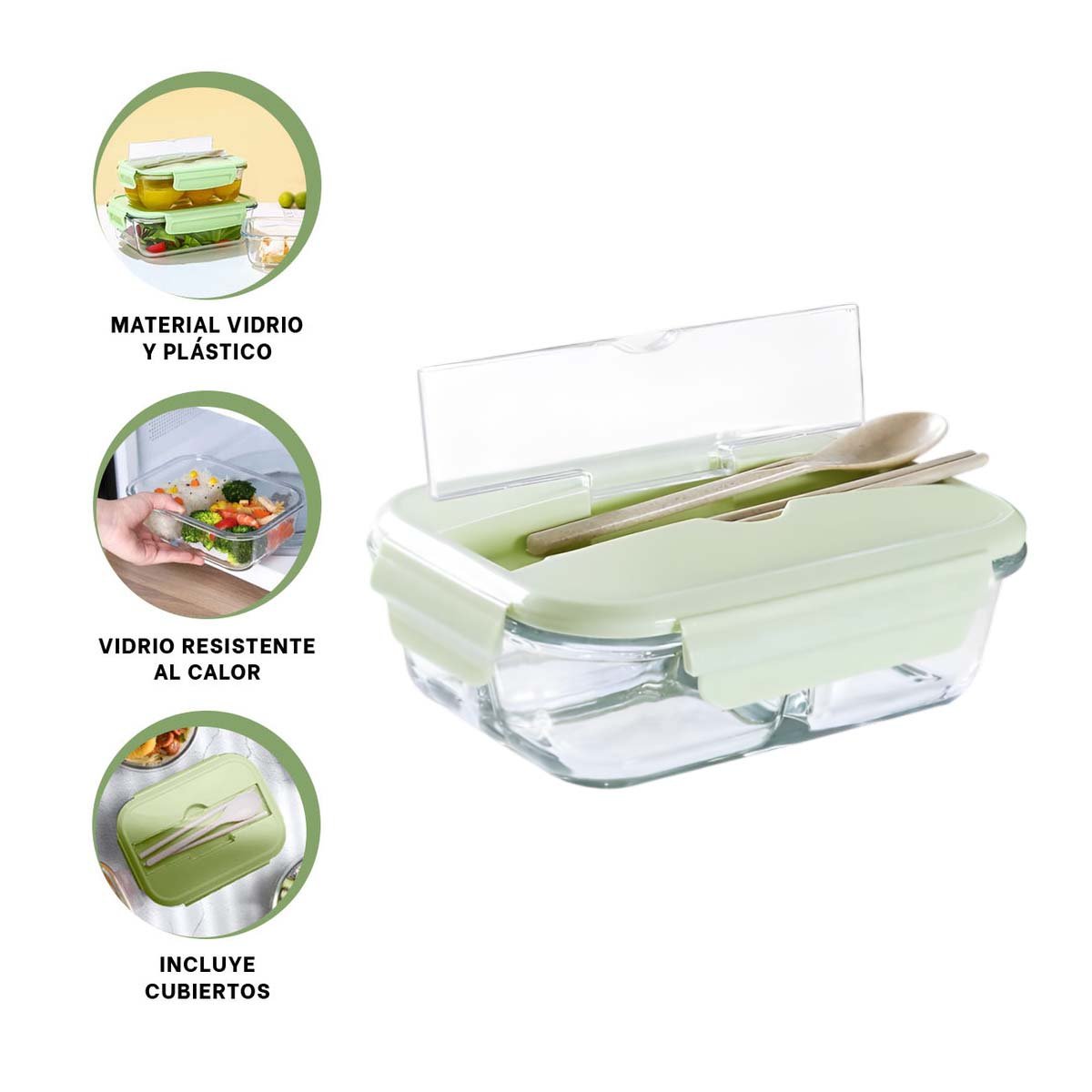 TAPER PORTATIL DE VIDRIO CON CUBIERTOS Y AJUSTE VERDE ANTIFUGAS Y+POST IT - 5