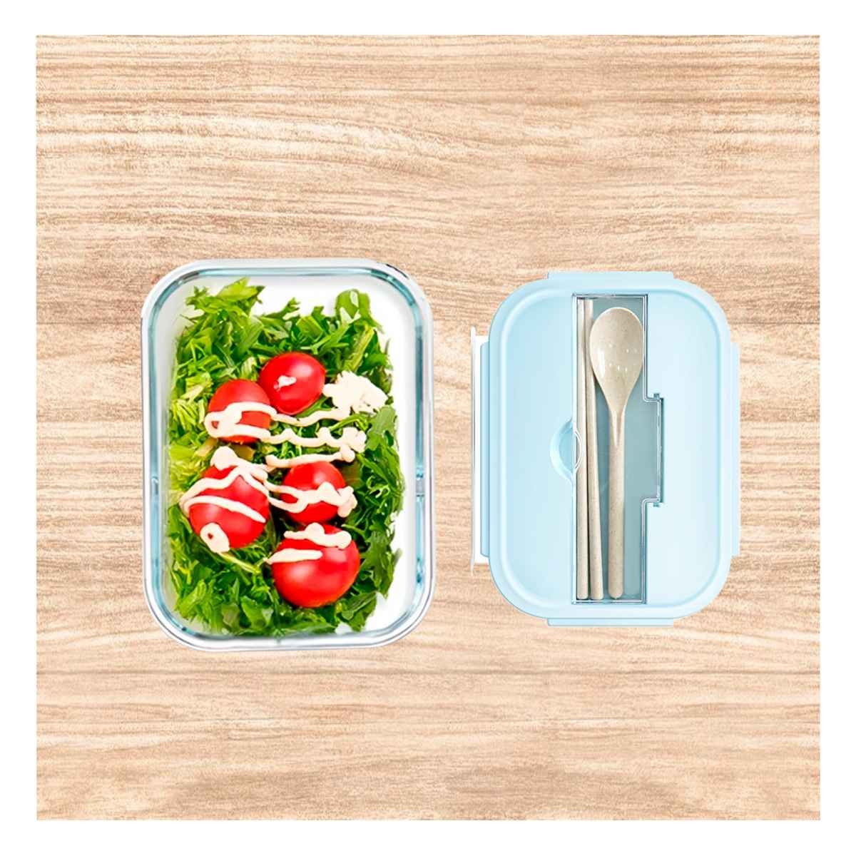 PACK2 CONTENEDOR DE VIDRIO CON CUBIERTOS PARA GUARDAR COMIDAS CASERAS CELESTE - 3
