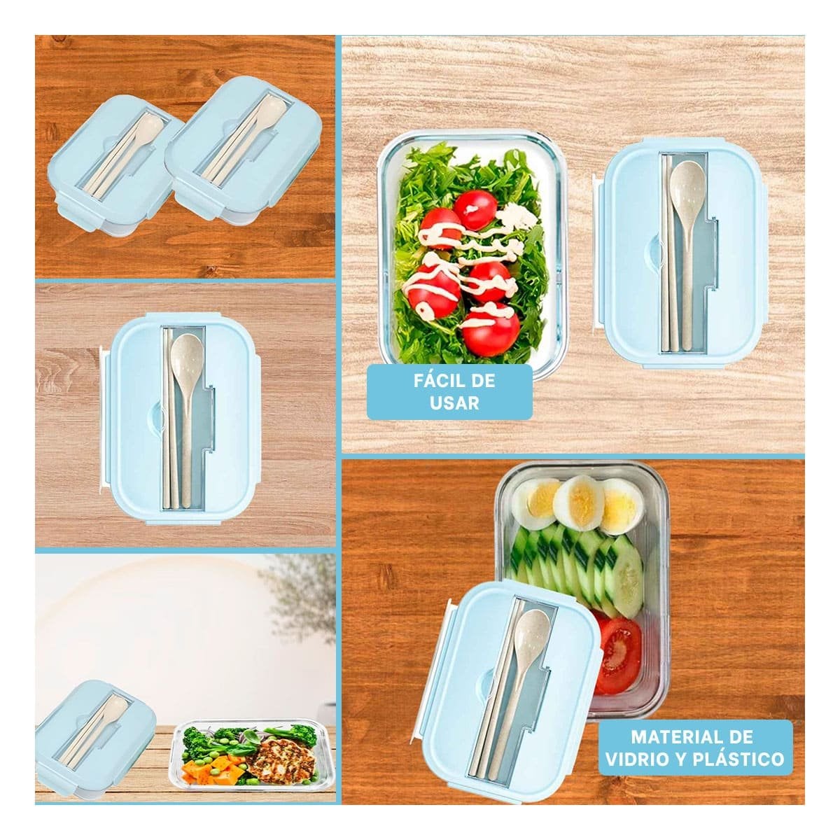 TAPER DE VIDRIO CON CUBIERTOS PARA TRANSPORTAR SNACKS DIARIOS CELESTE - 2