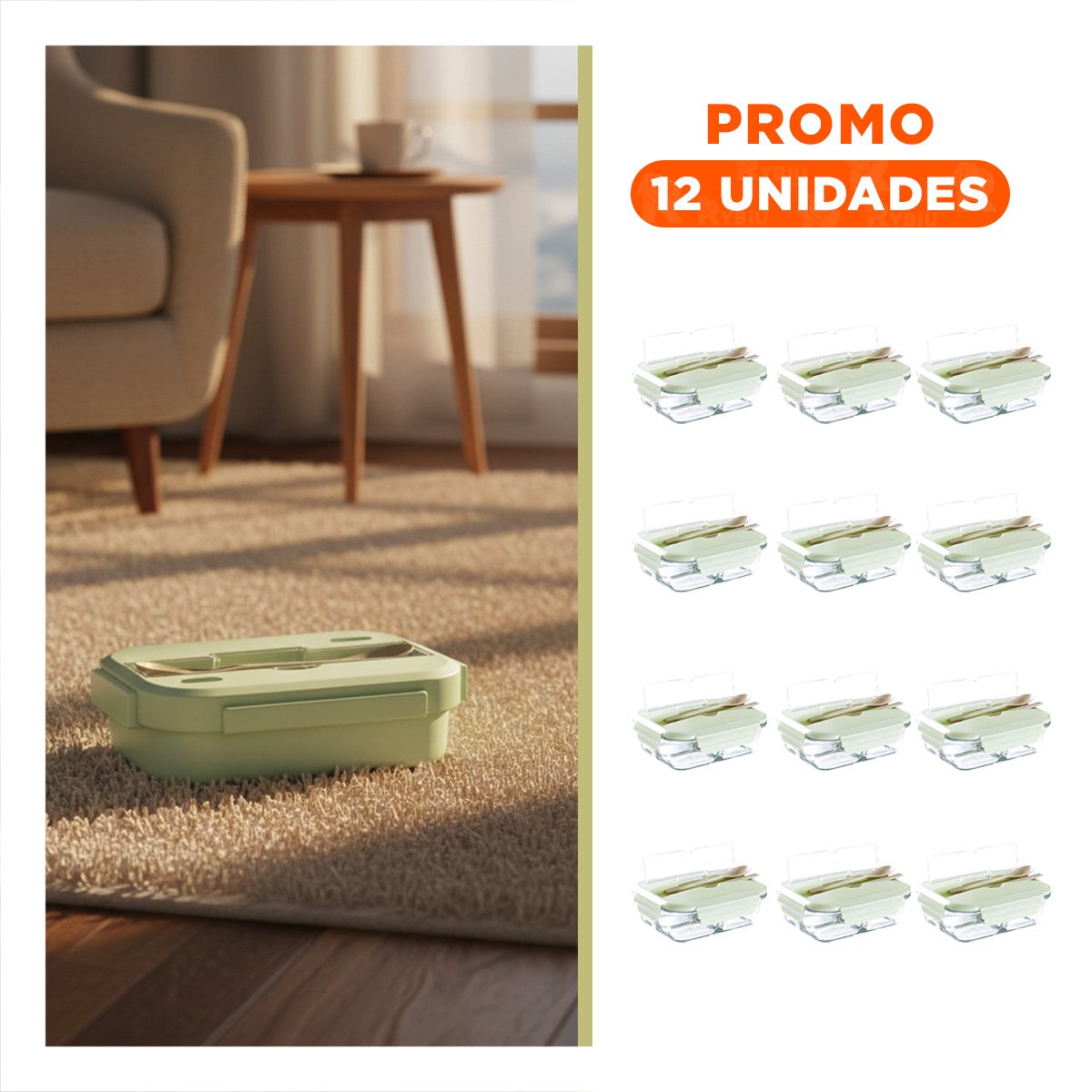 PACK12 RECIPIENTE PARA ALIMENTOS DE VIDRIO CON CUBIERTOS TAPA VERDE - 1