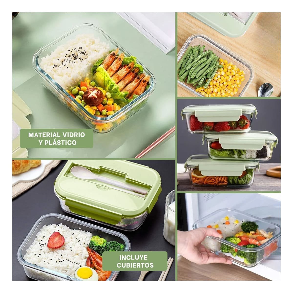 PACK12 RECIPIENTE PARA ALIMENTOS DE VIDRIO CON CUBIERTOS TAPA VERDE - 2