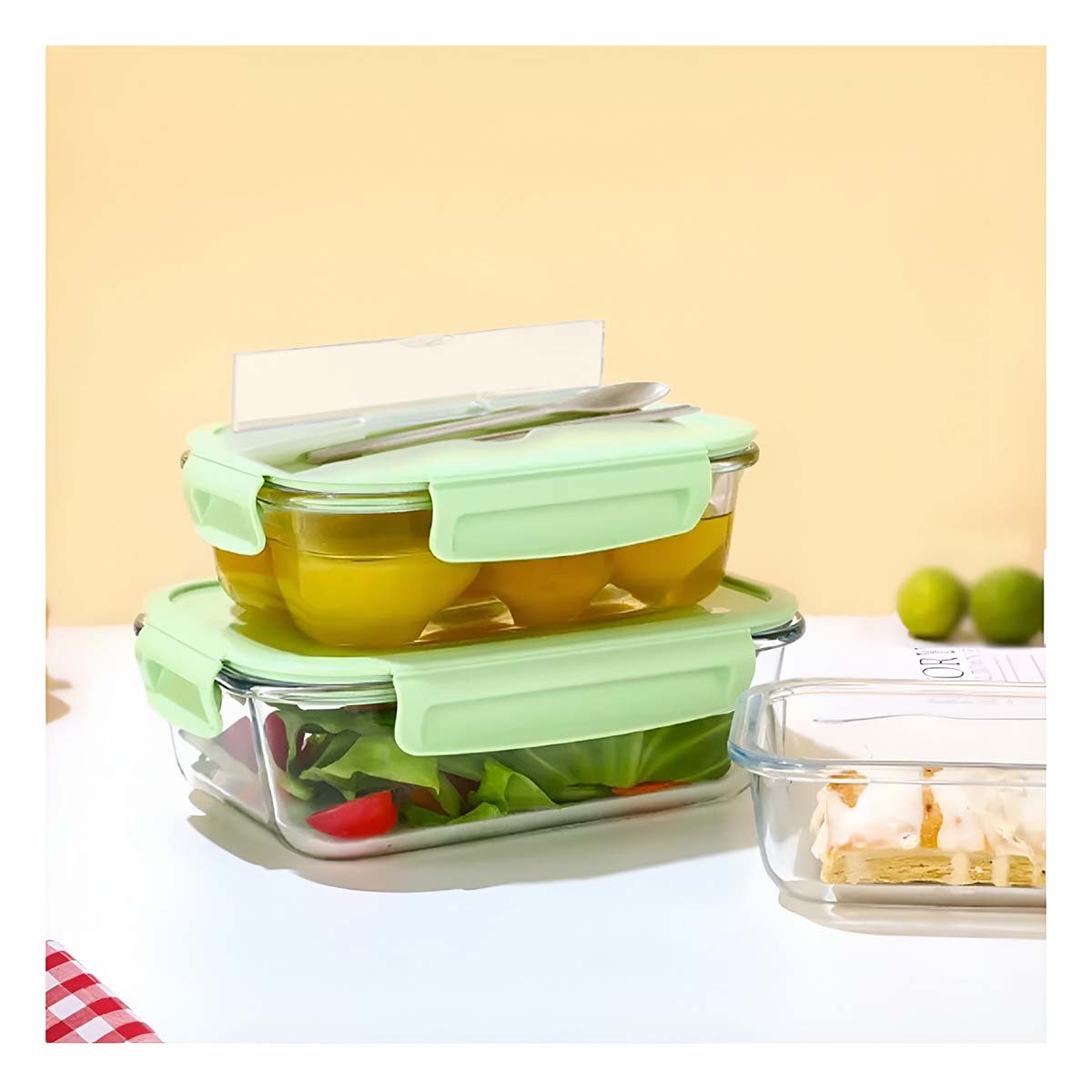PACK12 RECIPIENTE PARA ALIMENTOS DE VIDRIO CON CUBIERTOS TAPA VERDE - 3