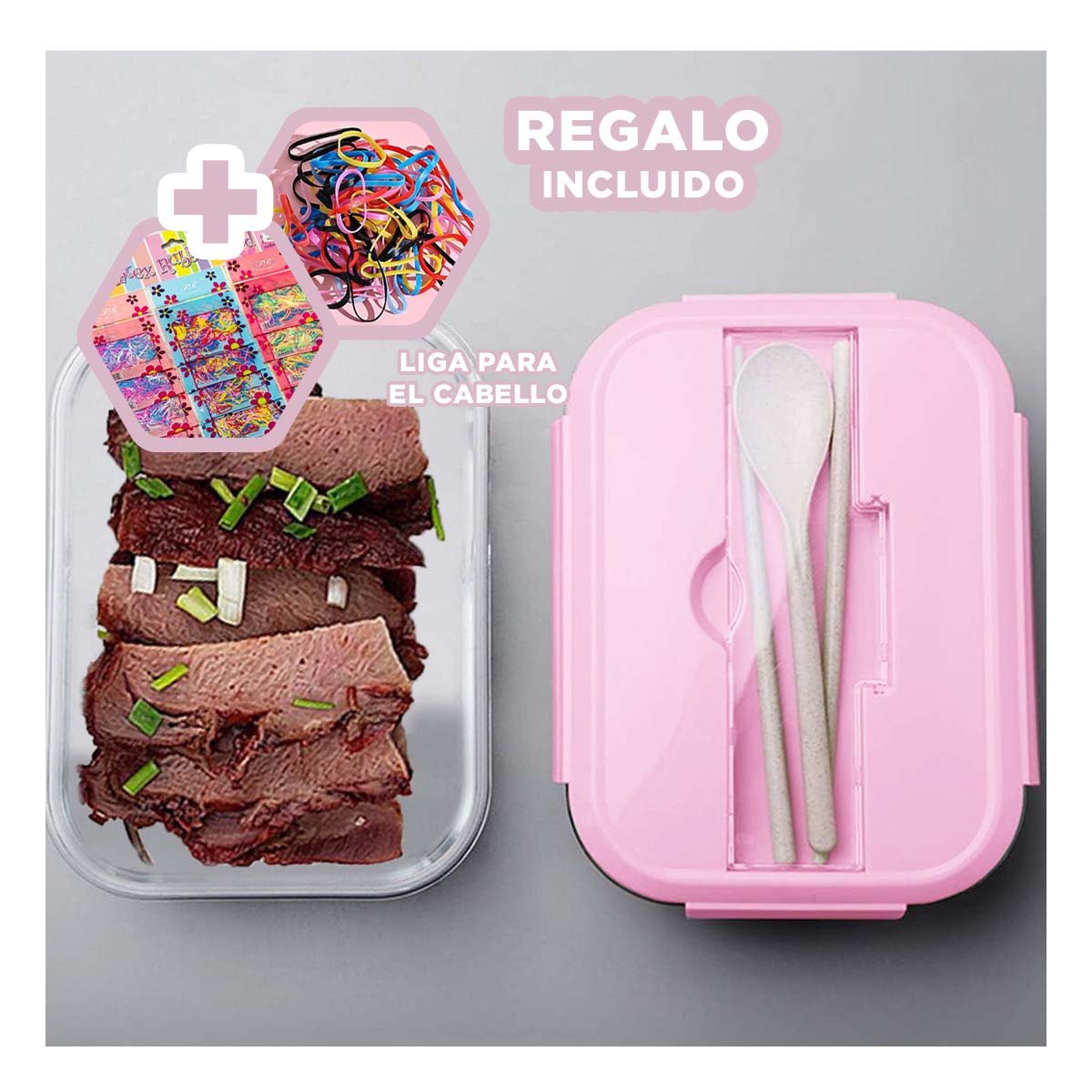 TAPER DE VIDRIO PRACTICO PARA LLEVAR LONCHE ROSADO Y+LIGAS REGALO - 2