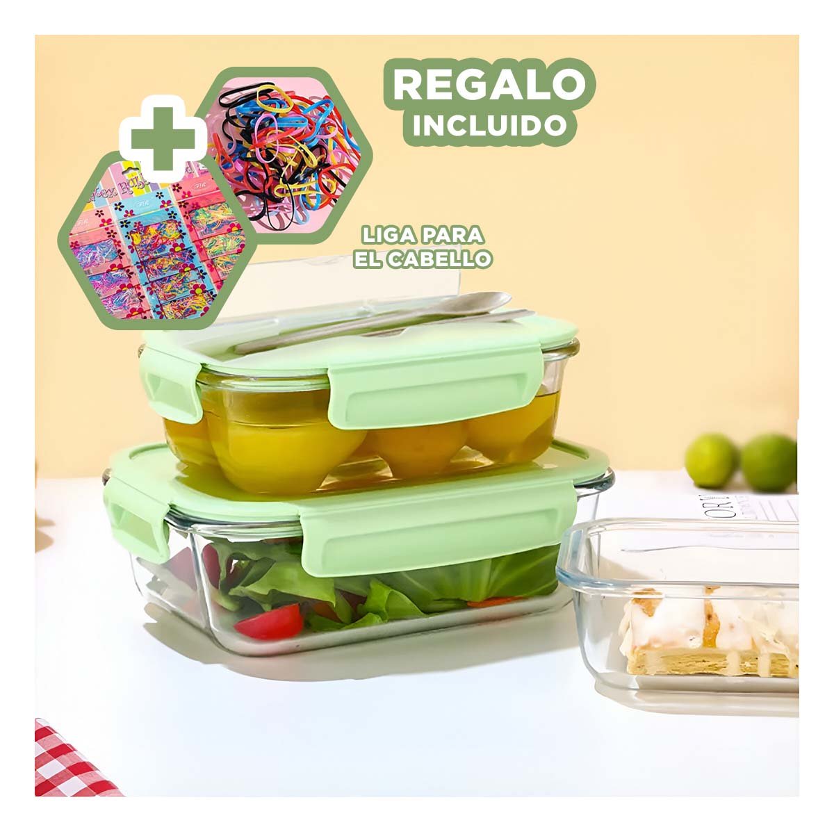 TAPER HERMETICO DE VIDRIO CON CUBIERTOS REUTILIZABLES TAPA VERDE Y+LIGAS REGALO - 2