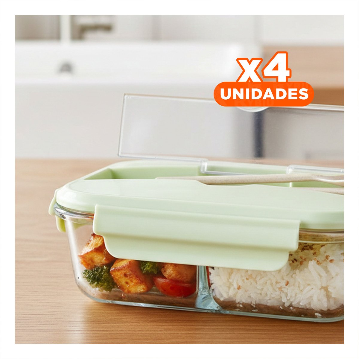 PACK4 RECIPIENTE DE VIDRIO CON CUBIERTOS Y TAPA VERDE PARA OFICINA Y+REGALO STICKER - 1
