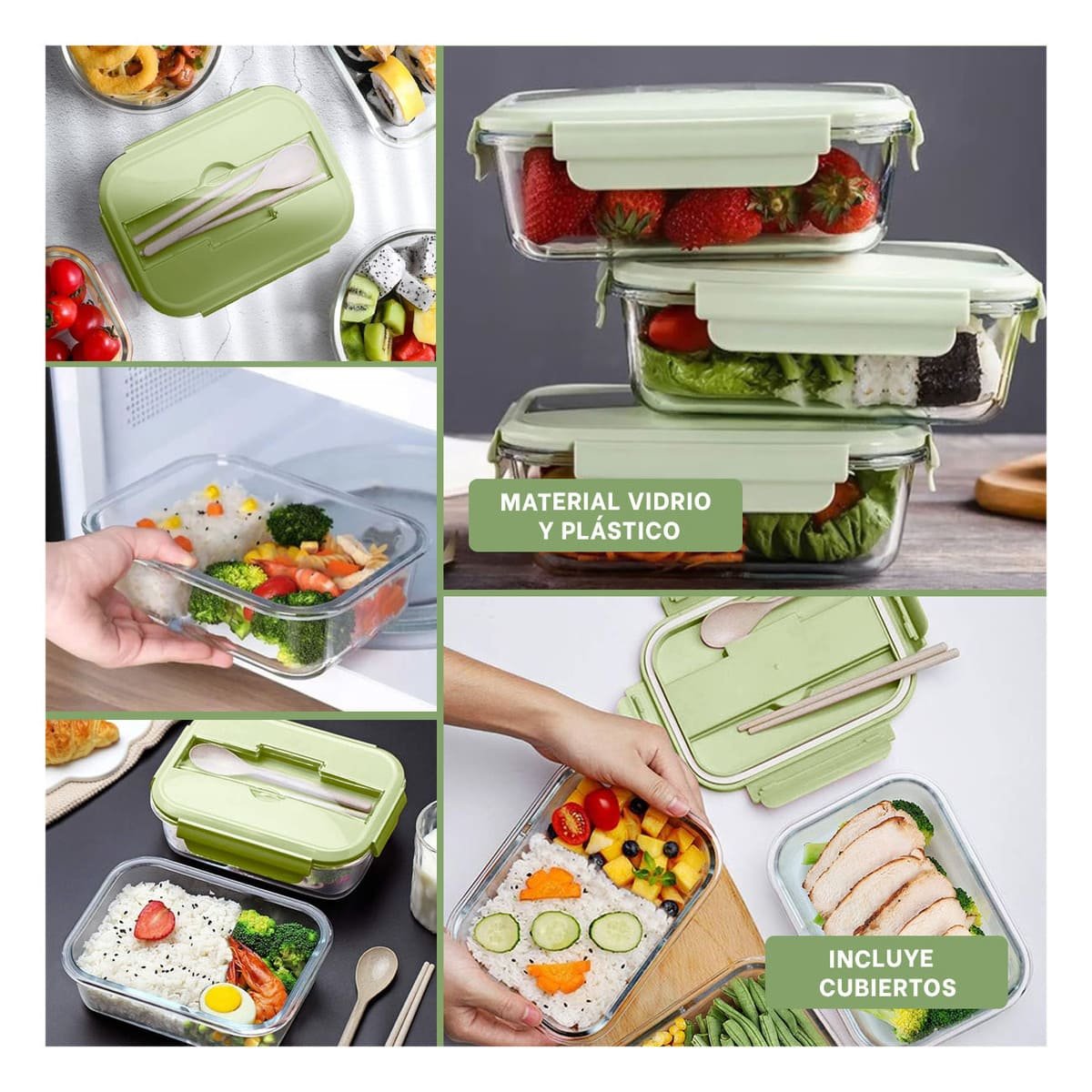 PACK4 RECIPIENTE DE VIDRIO CON CUBIERTOS Y TAPA VERDE PARA OFICINA Y+REGALO STICKER - 2