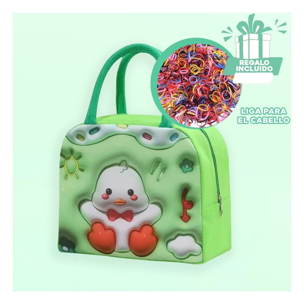BOLSA TERMICA DE MANO CON FIGURA PATO DIVERTIDO VERDE Y+LIGAS REGALO - 2