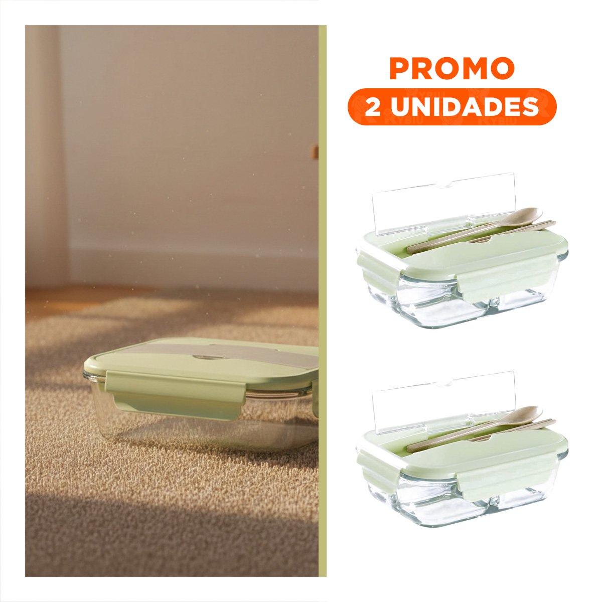 PACK2 CONTENEDOR REUTILIZABLE DE VIDRIO CON CUBIERTOS TAPA VERDE SEGURA Y+REGALO STICKER - 1