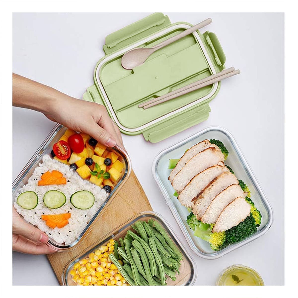 PACK2 CONTENEDOR REUTILIZABLE DE VIDRIO CON CUBIERTOS TAPA VERDE SEGURA Y+REGALO STICKER - 5